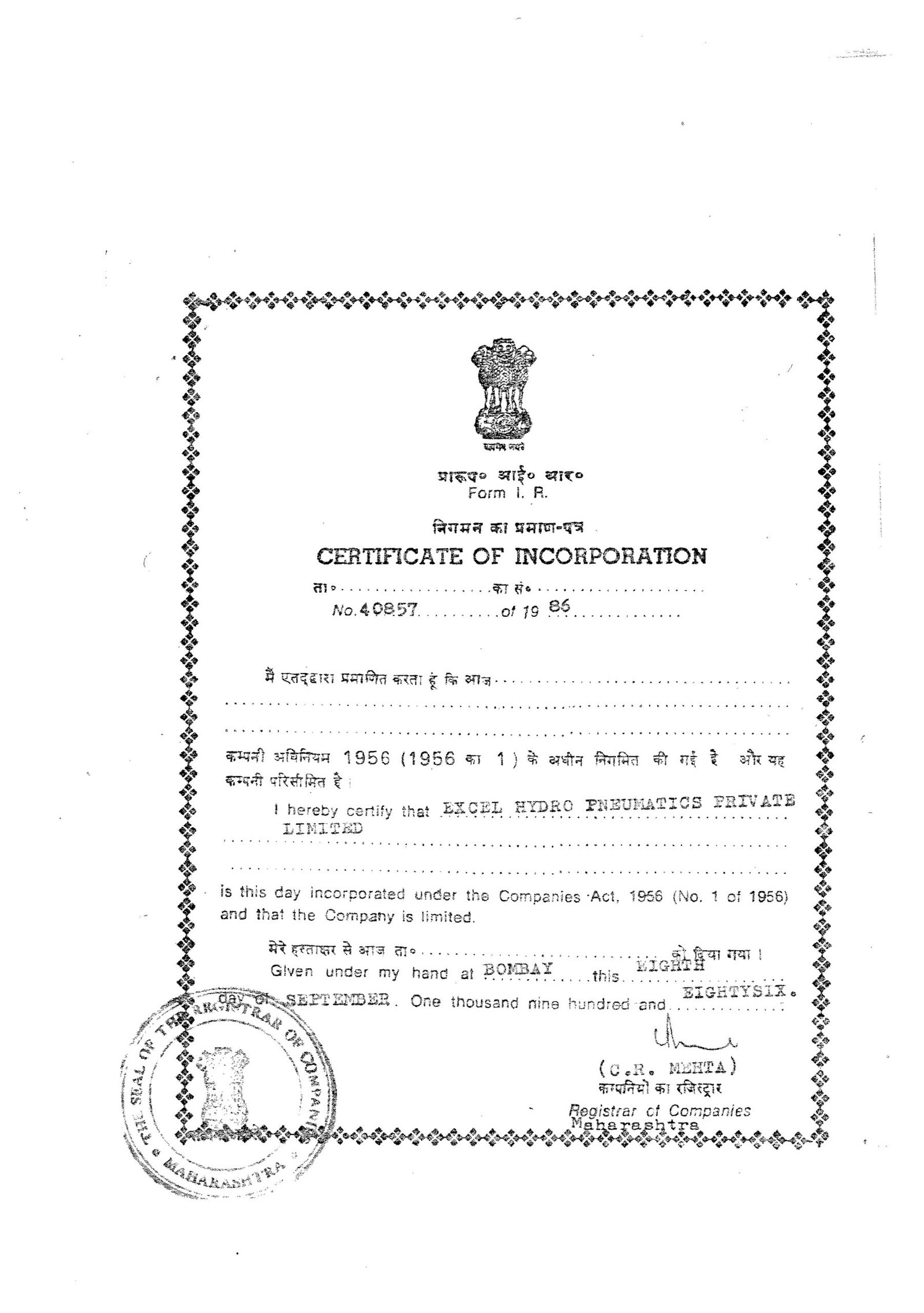 01 -certificate of incorporation Excel hydro